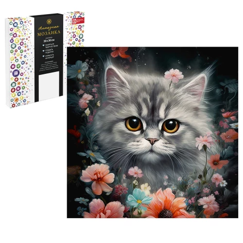 Алмазная мозаика "Котик в Ночном Поле", 30*30 см